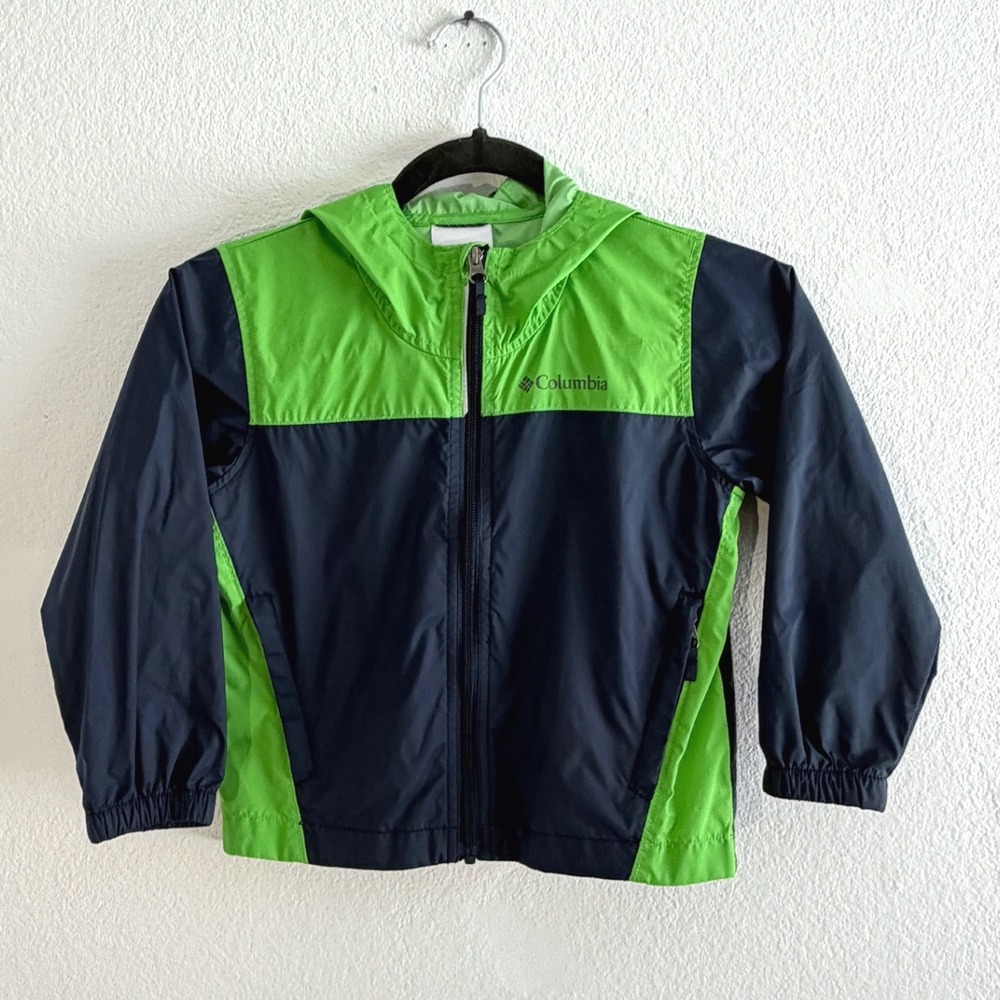Columbia Boys XXS 4/5 Lightweight Windbreaker Jacket Blue Green Hooded Gorpcore